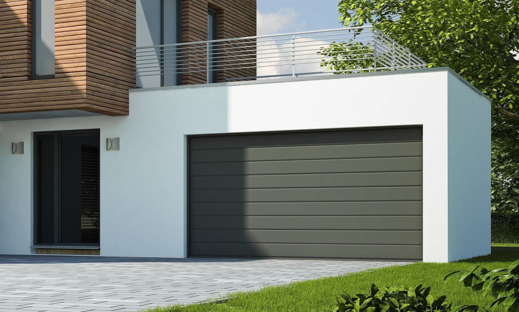 Moderne Garagentür mit einem Balkon darüber, der einen eleganten und zeitgemäßen Look bietet